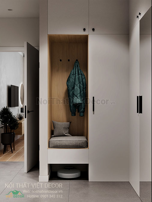 Nội thất Việt Decor mẫu phương án thiết kế phối cảnh 3D nội thất đẹp hiện đại căn hộ 1 phòng ngủ, phòng tủ giày
