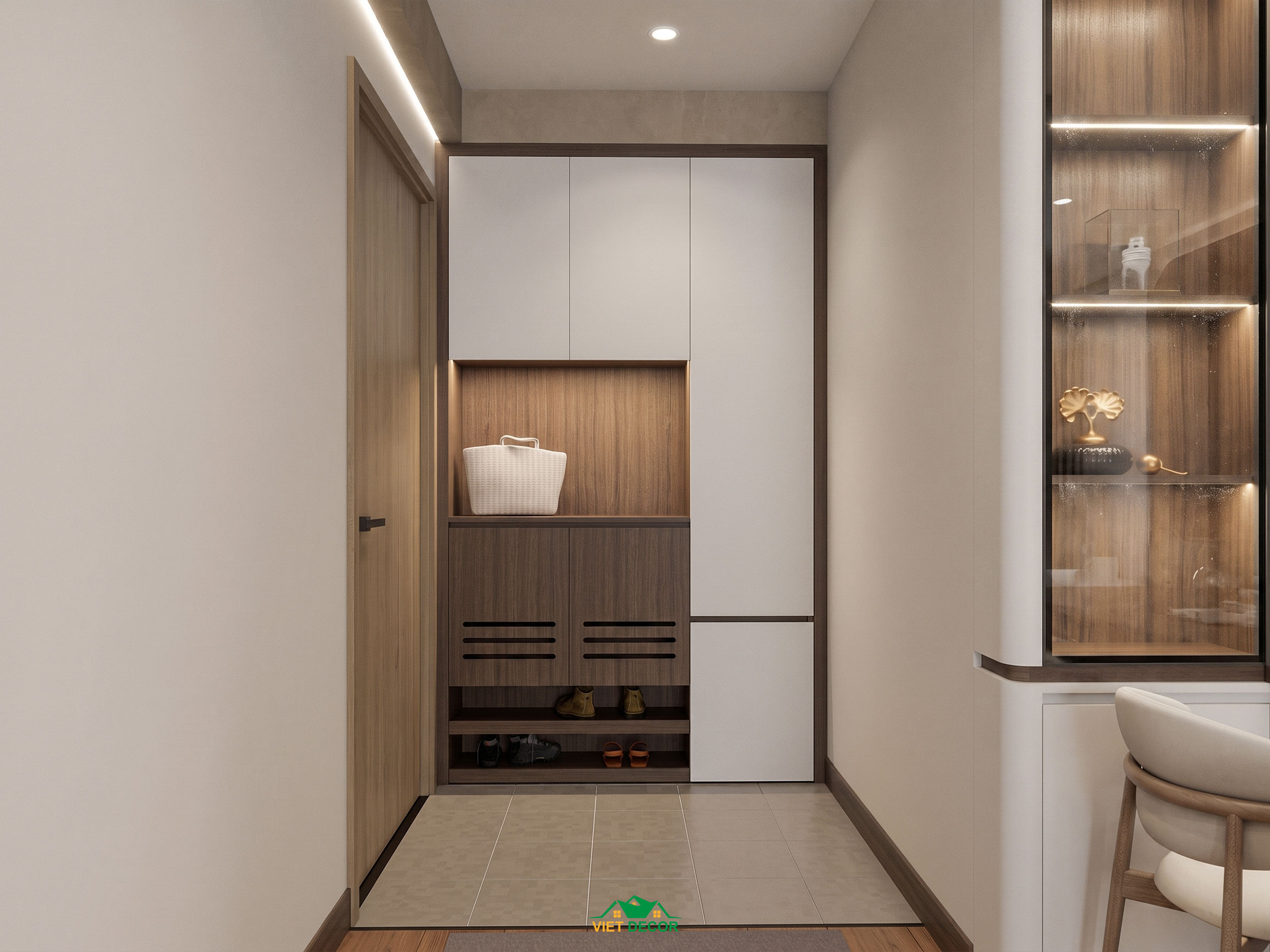 Nội Thất Việt Decor thiết kế thi công nội thất căn hộ 3 phòng ngủ The Opus One Vinhomes Grand Park TP HCM, tủ giày phòng khách