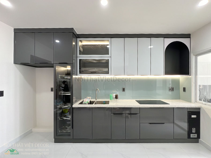 Nội Thất Việt Decor thiết kế thi công cải tạo nội thất, hoàn thiện căn hộ 3 phòng ngủ chung cư Tecco phường Linh Đồng thành phố Thủ Đức tủ bếp inox cánh kính