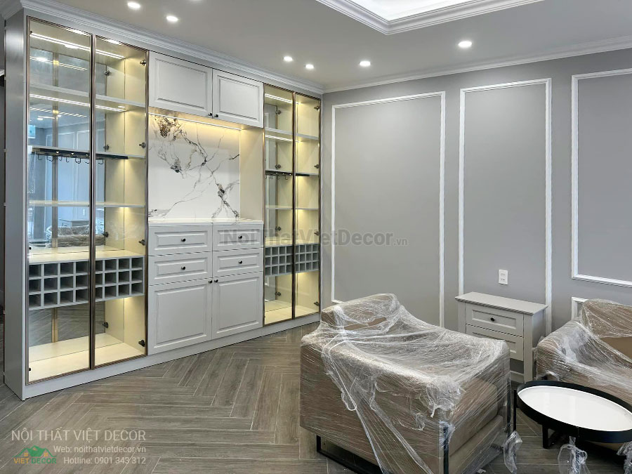 Nội Thất Việt Decor thiết kế thi công nội thất, tủ bếp gỗ công nghiệp An Cường, shophouse dự án Aminia Ninh Kiều Cần Thơ, phòng khách tủ rượu