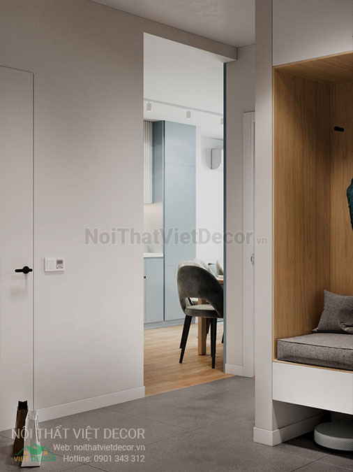Nội thất Việt Decor mẫu phương án thiết kế phối cảnh 3D nội thất đẹp hiện đại căn hộ 1 phòng ngủ, phòng tủ giày
