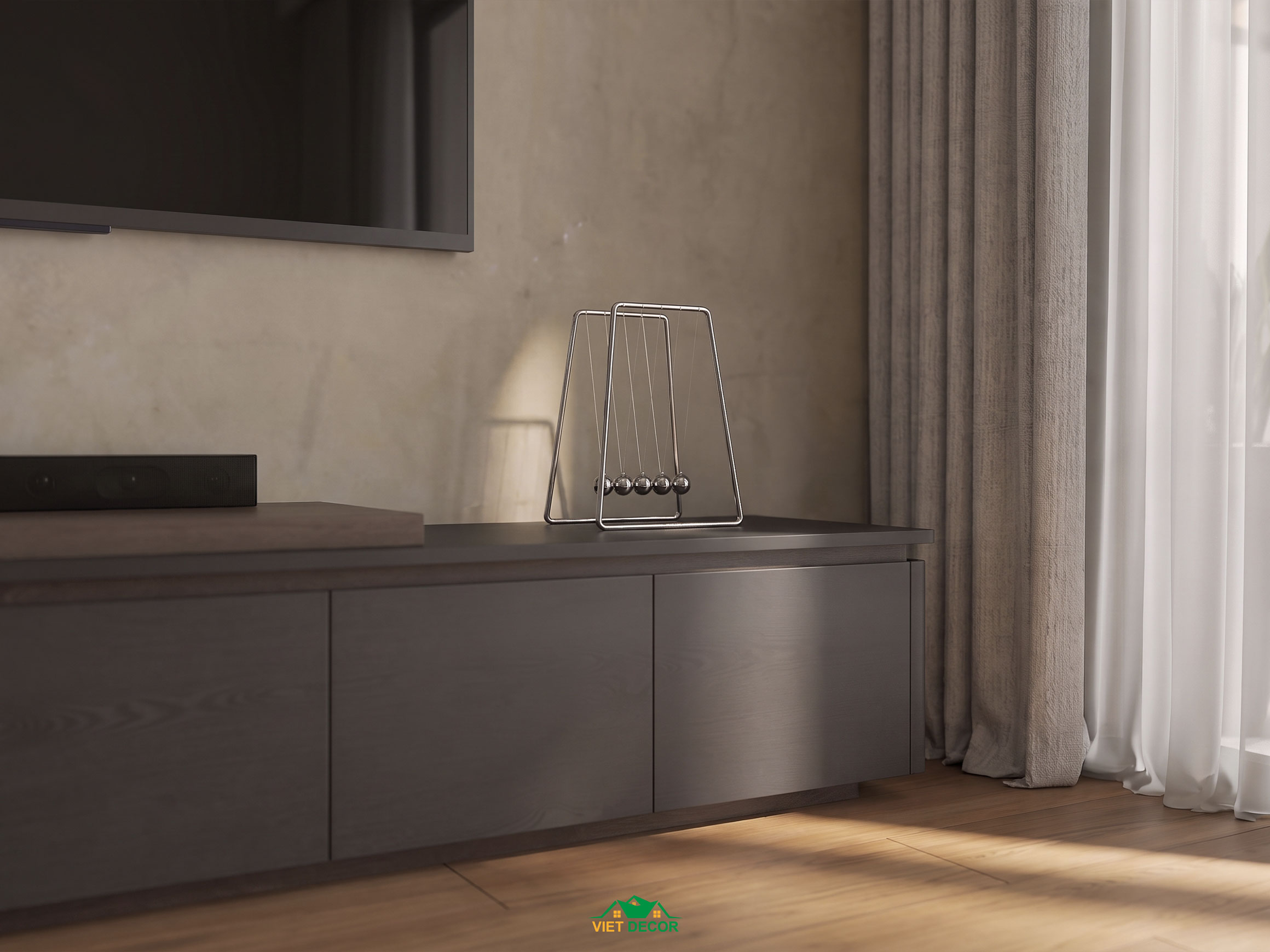 Nội Thất Việt Decor thiết kế thi công nội thất căn hộ 3 phòng ngủ The Opus One Vinhomes Grand Park TP HCM, kệ ti vi phòng khách