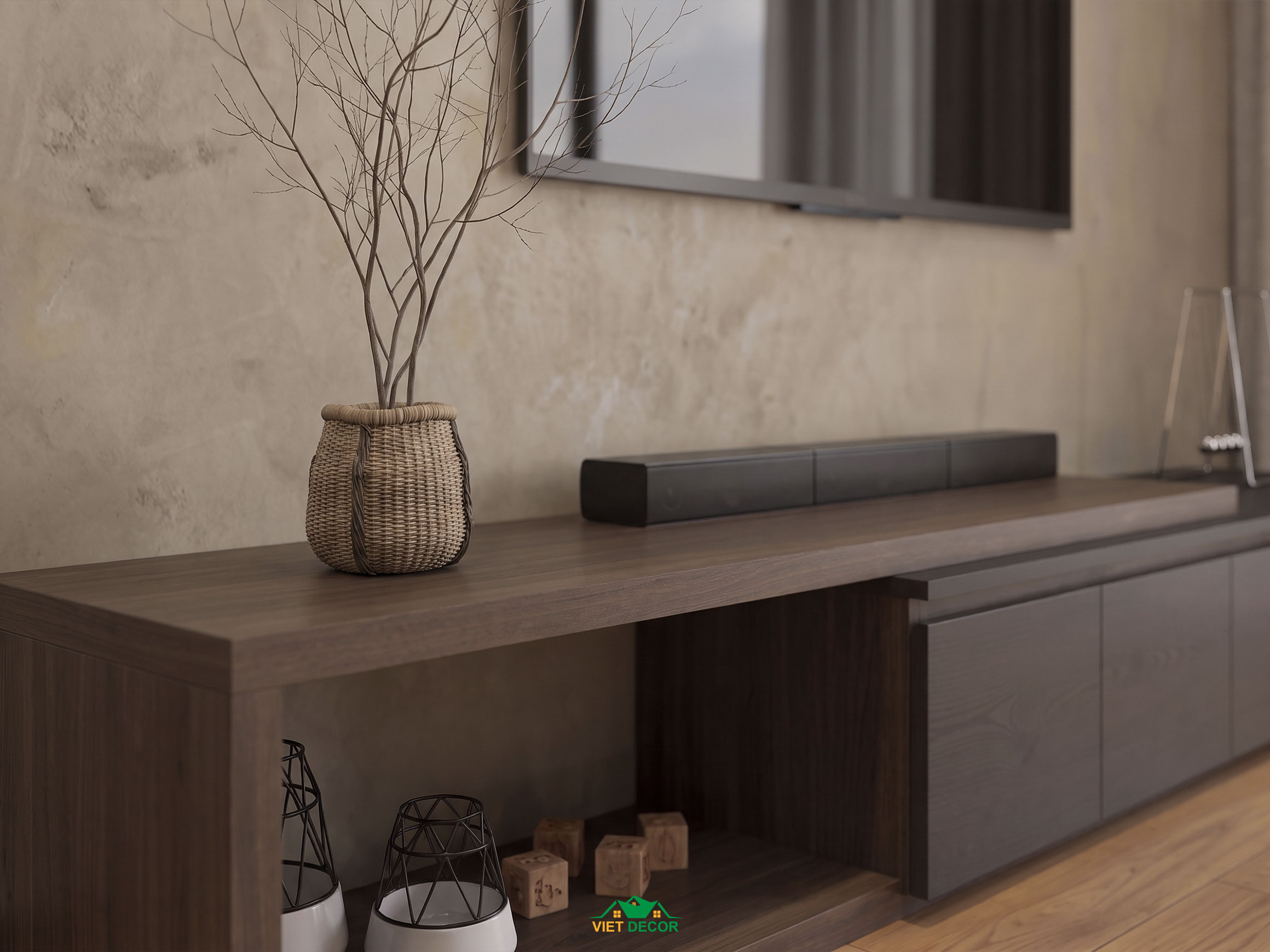 Nội Thất Việt Decor thiết kế thi công nội thất căn hộ 3 phòng ngủ The Opus One Vinhomes Grand Park TP HCM, kệ ti vi phòng khách