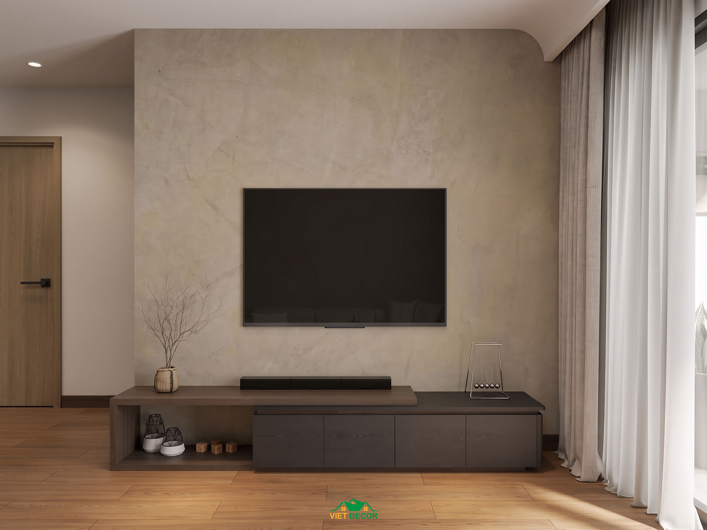 Nội Thất Việt Decor thiết kế thi công nội thất căn hộ 3 phòng ngủ The Opus One Vinhomes Grand Park TP HCM, kệ ti vi phòng khách