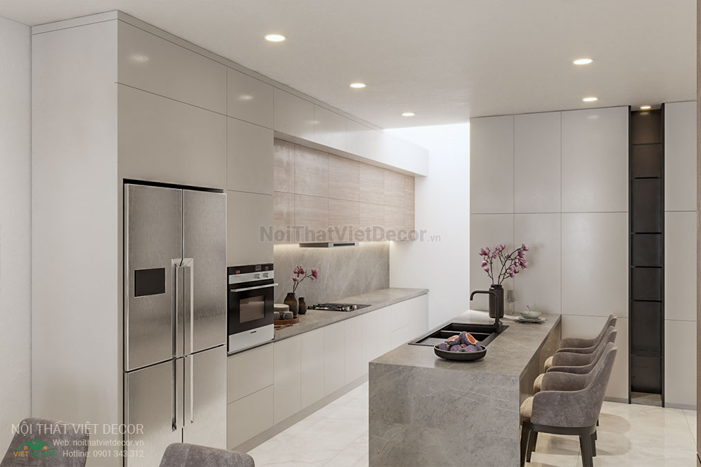 Nội thất Việt Decor thiết kế thi công nội thất nhà phố 3 phòng ngủ tại quận 7, thành phố Hồ Chí Minh, phối cảnh 3D tủ bếp
