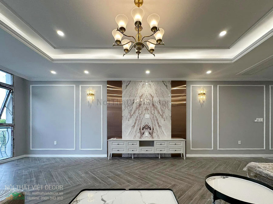 Nội Thất Việt Decor thiết kế thi công nội thất, tủ bếp gỗ công nghiệp An Cường, shophouse dự án Aminia Ninh Kiều Cần Thơ, phòng khách kệ ti vi