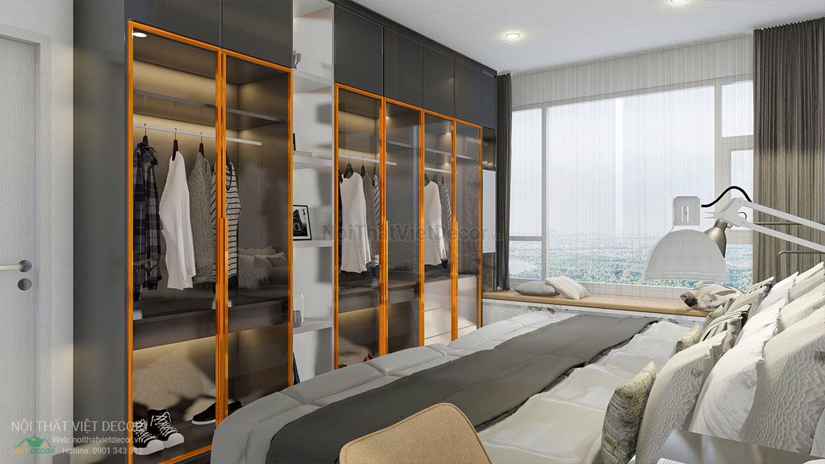 Nội thất Việt Decor mẫu phương án thiết kế phối cảnh 3D nội thất hiện đại căn hộ 3 phòng ngủ phòng ngủ lớn tủ quần áo nhôm kính