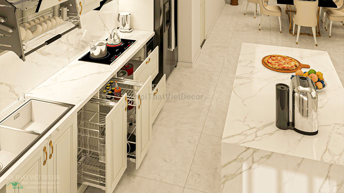 Nội thất Việt Decor thiết kế thi công nội thất tân cổ điển sang trọng luxury, nhà liên kế 3 tầng thuộc dự án Lavilla Green City Tân An, Long An, tủ bếp