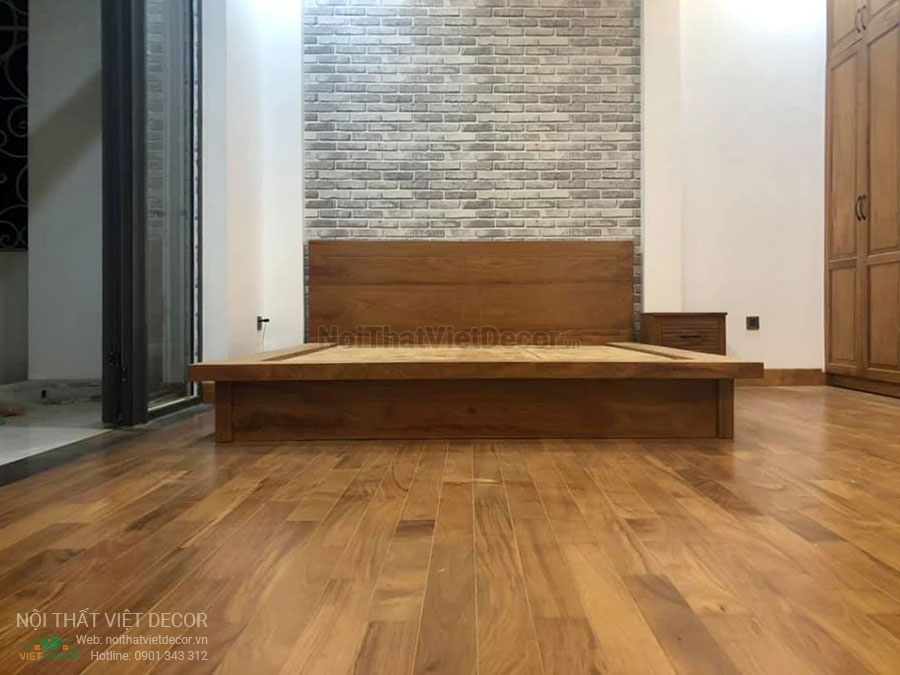 Nội Thất Việt Decor thiết kế thi công nội thất, tủ bếp gỗ sồi tự nhiên nhà ở gia đình chị Trang tại Bình Dương, phòng ngủ lát sàn gỗ tự nhiên