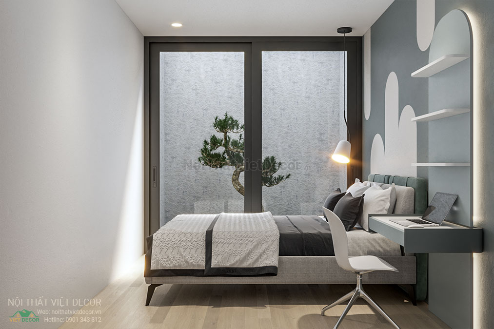 Nội thất Việt Decor thiết kế thi công nội thất nhà phố 3 phòng ngủ tại quận 7, thành phố Hồ Chí Minh, phối cảnh 3D phòng ngủ 1, giường ngủ