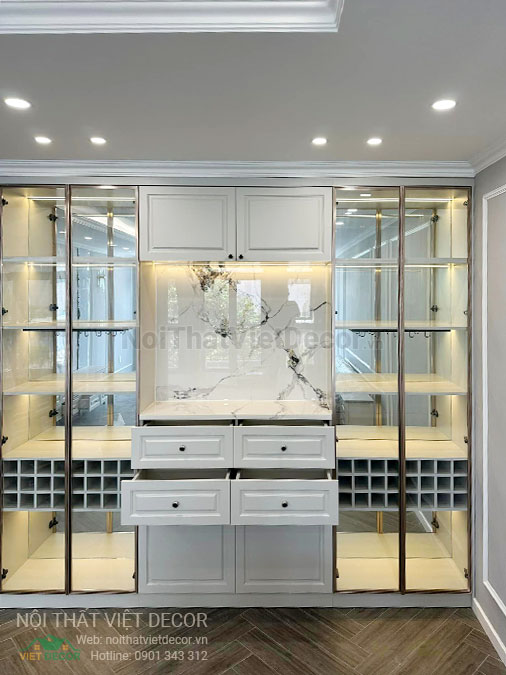 Nội Thất Việt Decor thiết kế thi công nội thất, tủ bếp gỗ công nghiệp An Cường, shophouse dự án Aminia Ninh Kiều Cần Thơ, phòng khách tủ rượu
