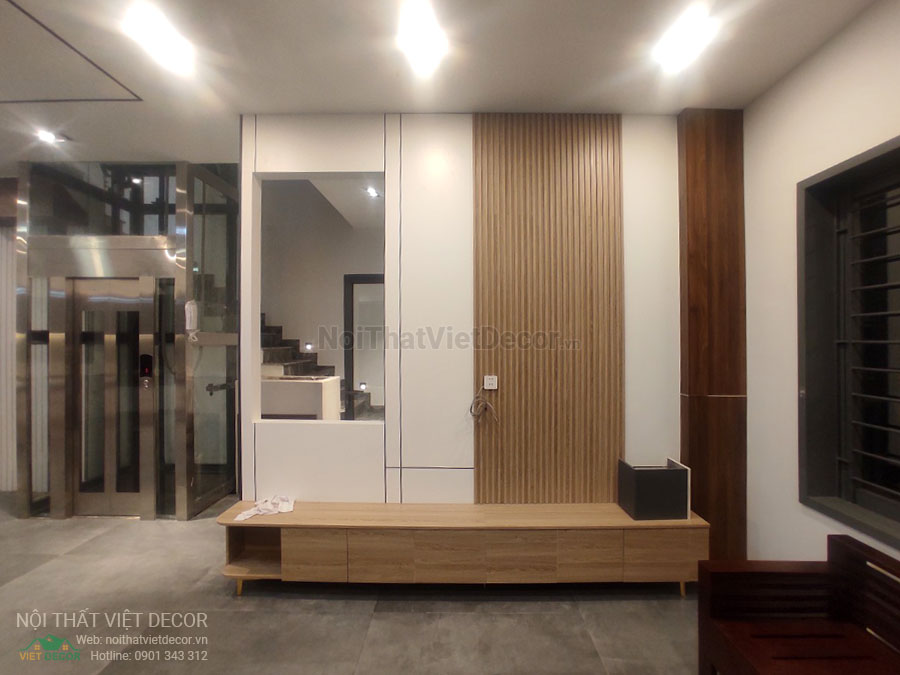 Nội Thất Việt Decor thiết kế thi công nội thất, tủ bếp gỗ công nghiệp An Cường, biệt thự 4 tầng tại dự án Lovera Premier Bình Chánh Tp Hồ Chí Minh, phòng khách kệ ti vi