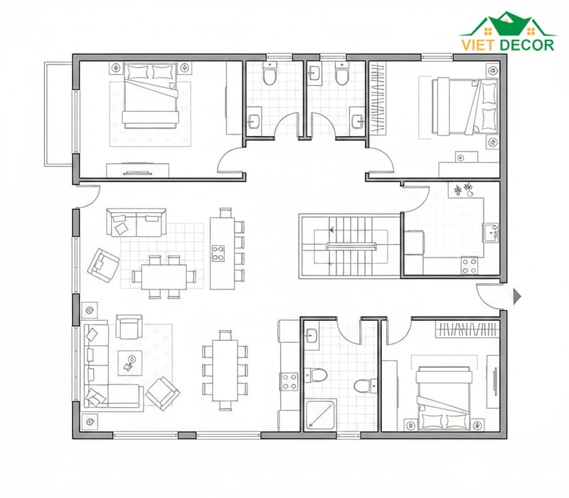 bản vẽ nhà 1 trệt 1 lầu 3 phòng ngủ