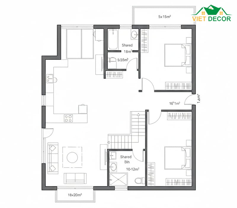 Bản vẽ nhà 1 trệt 1 lầu 3 phòng ngủ diện tích 5x15m