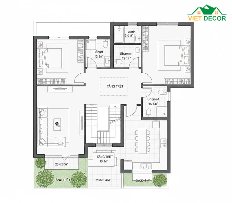 Bản vẽ nhà 1 trệt 1 lầu 5x20m có sân vườn phía trước