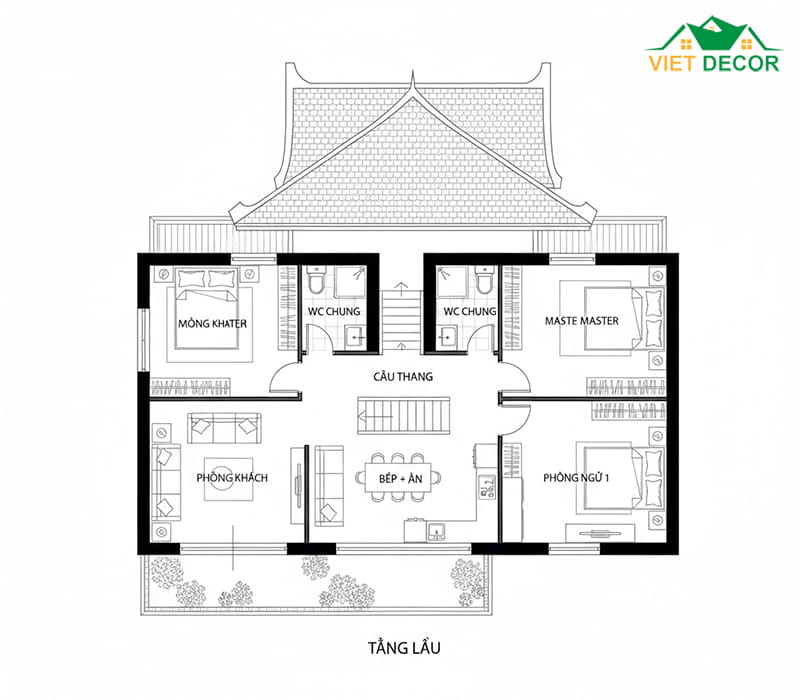 Thiết kế nhà 1 trệt 1 lầu 3 phòng ngủ mái Thái hiện đại