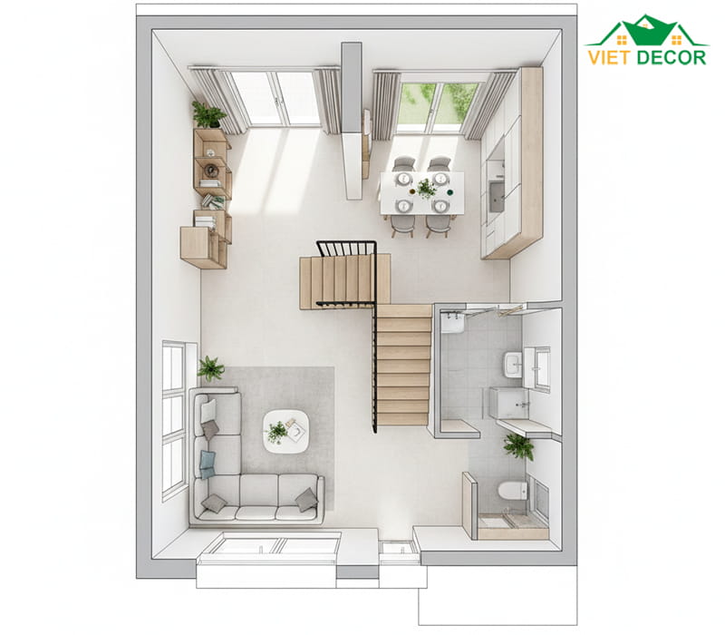 Thiết kế phòng khách liền kề bếp tạo không gian mở