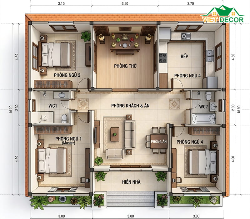 bản vẽ nhà cấp 4 4 phòng ngủ 1 phòng thờ