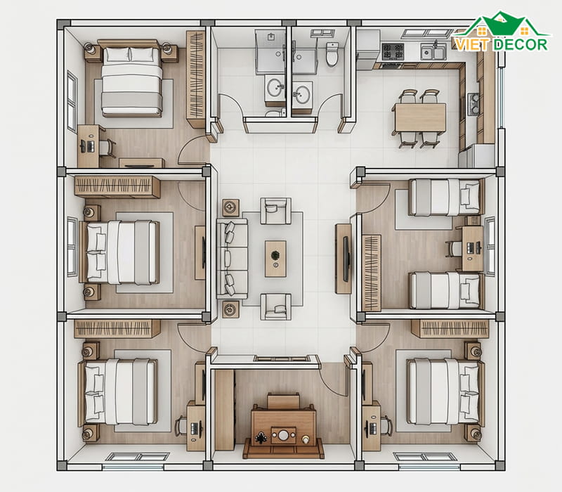 Bản vẽ nhà cấp 4 4 phòng ngủ 1 phòng thờ diện tích 150m2