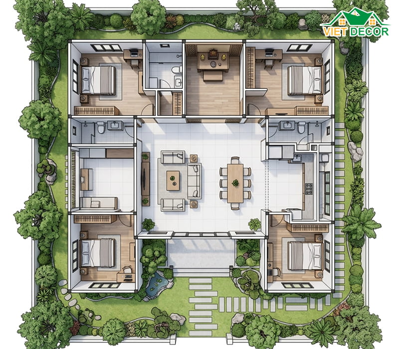 Bản vẽ nhà vườn 1 tầng 4 phòng ngủ phong cách mái Nhật