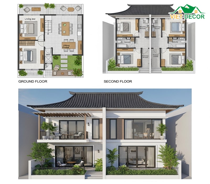 Mẫu nhà ống 6x12m 2 tầng thiết kế mái Nhật