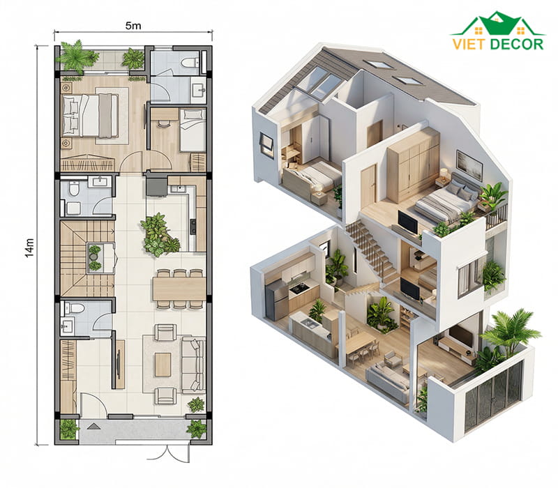 bản vẽ thiết kế nhà 2 tầng 5x14m