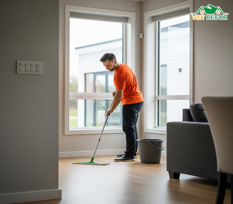 Nhúng cây lau nhà vào dung dịch nước lau sàn và lau nhà