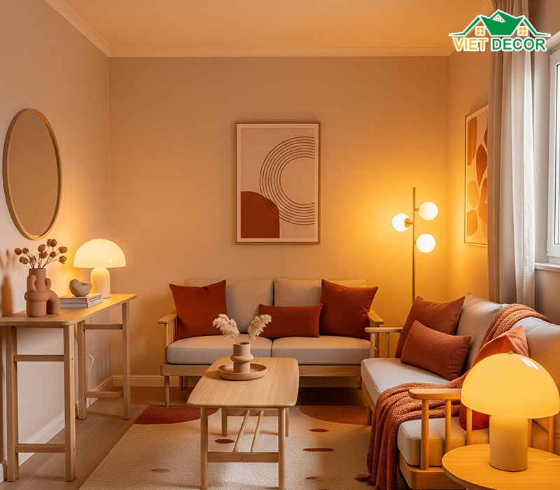 Phối màu sơn phòng khách nhỏ ấm cúng, thư thái