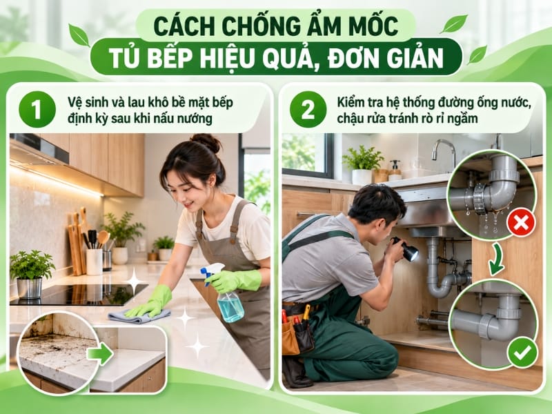 Cách chống ẩm mốc tủ bếp hiệu quả, đơn giản