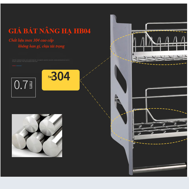 Nội thất việt Decor phụ kiện giá chén bát nâng hạ tủ bếp trên inoxen BNH304.70/80/90