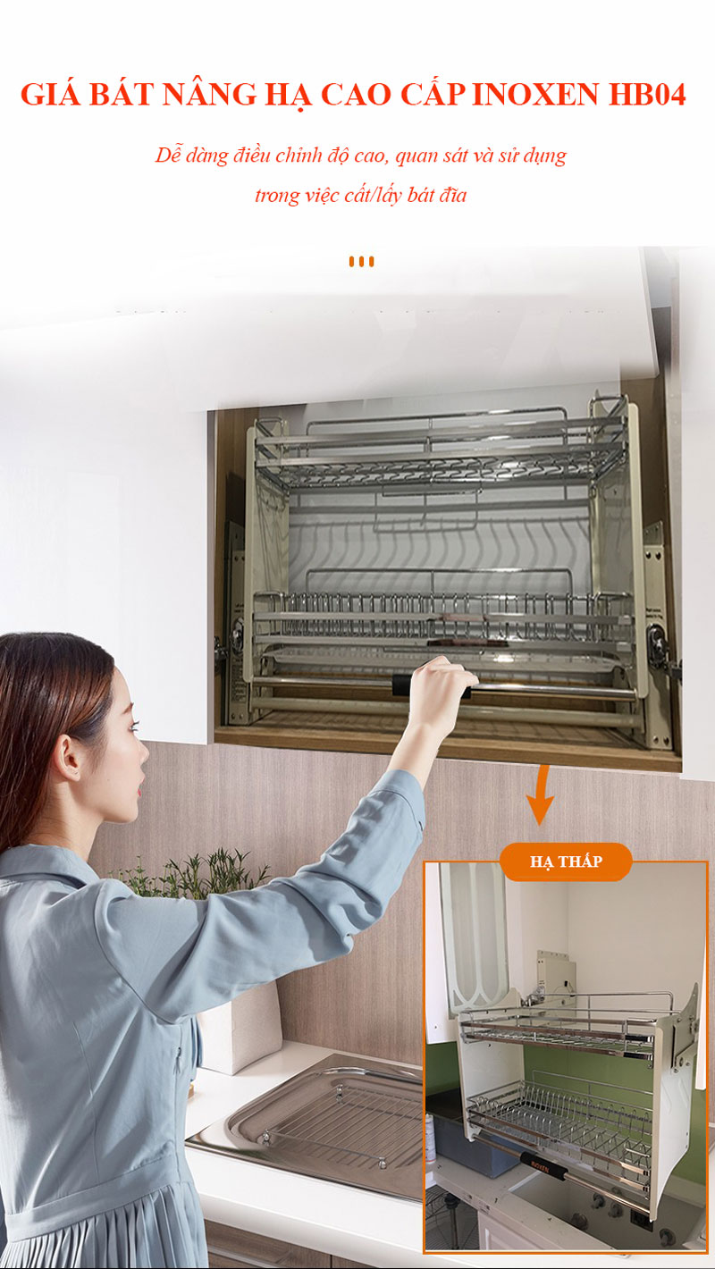 Nội thất việt Decor phụ kiện giá chén bát nâng hạ tủ bếp trên inoxen BNH304.70/80/90