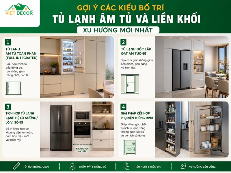 Gợi ý các kiểu bố trí tủ lạnh âm tủ và liền khối