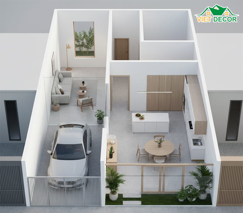 Tầng 1: Khu vực sinh hoạt chung và tiện ích