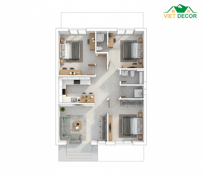 Mặt bằng nhà ống 1 tầng 80m2 (ví dụ 5x16m, 4x20m)