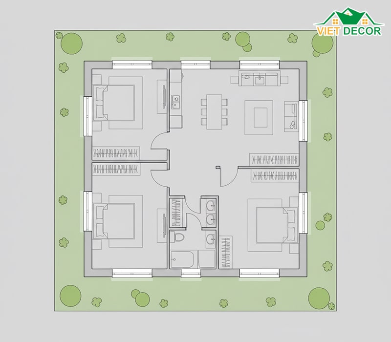 Mặt bằng nhà vuông 1 tầng 80m2 (ví dụ 9x9m)