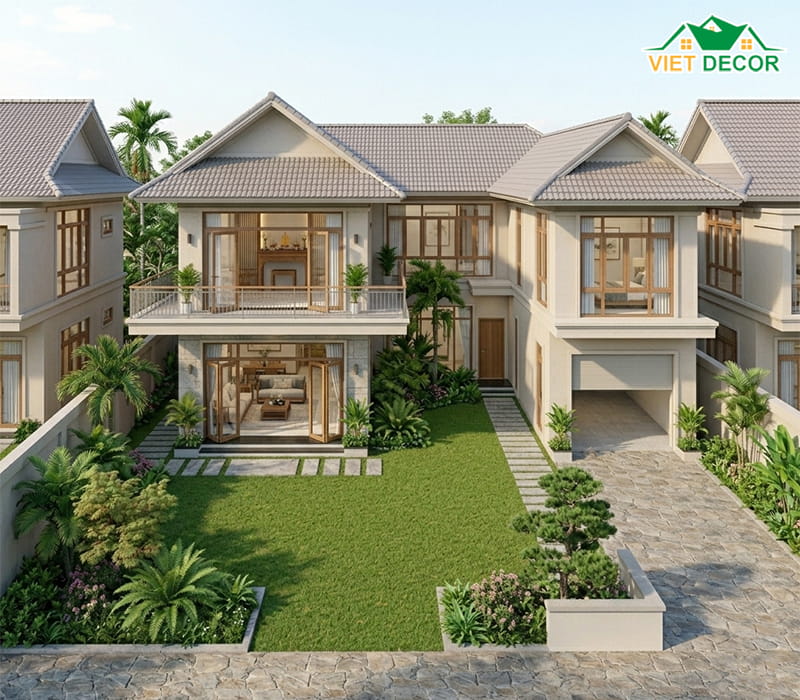 Mẫu nhà 2 tầng chữ L kết hợp sân vườn thoáng đãng