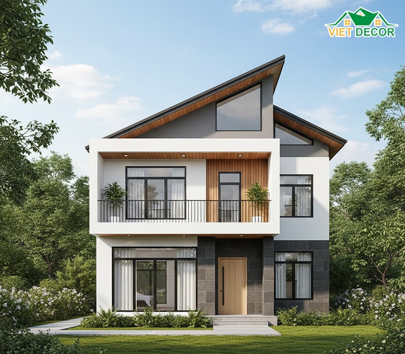 Mẫu nhà 2 tầng 4 phòng ngủ mái lệch
