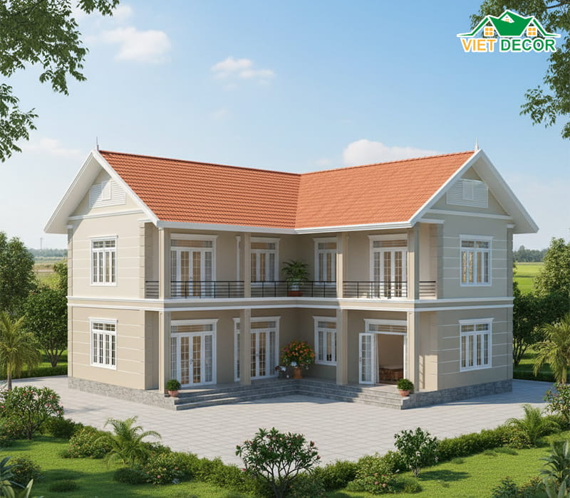 Mẫu nhà 2 tầng chữ L truyền thống – Tận dụng tối đa góc sân