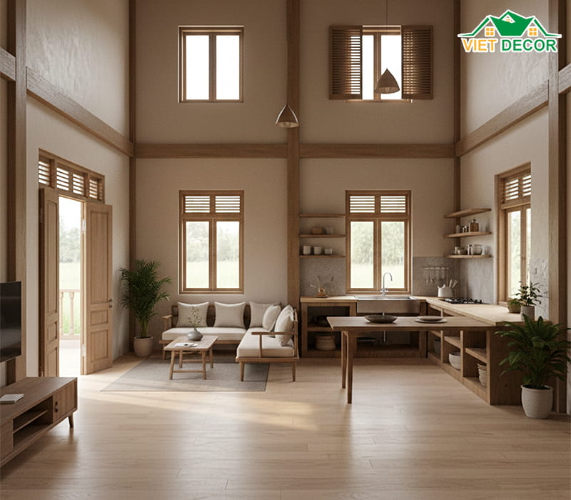 Cách bố trí phòng khách và phòng bếp chuẩn phong thủy nông thôn