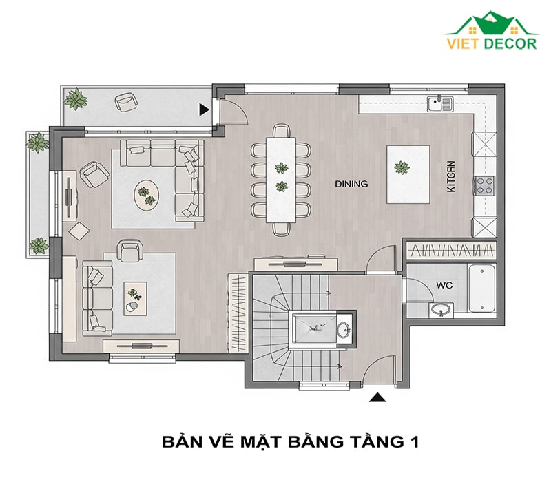 Bản vẽ mặt bằng tầng 1: Phòng khách, bếp ăn, 1 WC