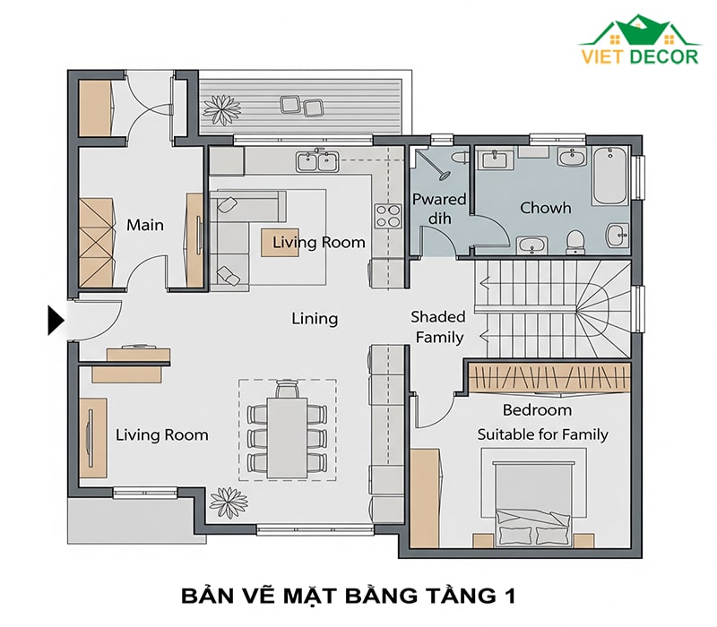 Bản vẽ mặt bằng tầng 1: Phòng khách, bếp ăn, 1 WC, 1 phòng ngủ cho người lớn tuổi