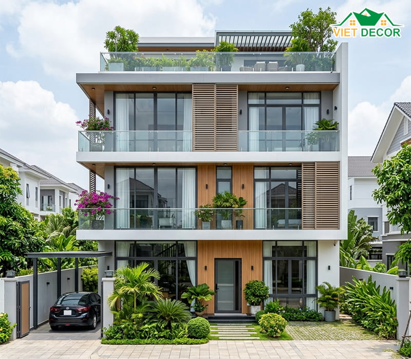 Mẫu biệt thự mini 3 tầng mặt tiền 8m kết hợp kính cường lực