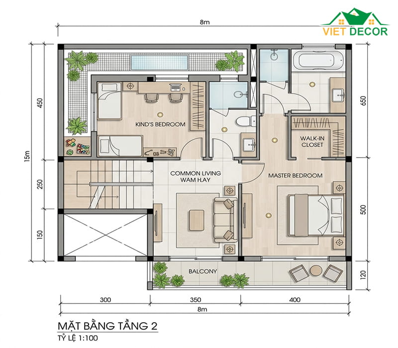 Bản vẽ mặt bằng tầng 2: Không gian nghỉ ngơi riêng tư