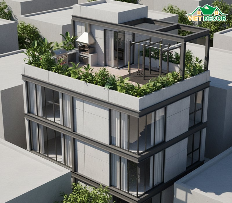 Mẫu nhà 4x16m 3 tầng có sân thượng, không gian ngoài trời