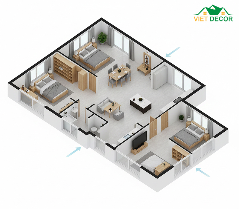Cách phân chia diện tích 3 phòng ngủ