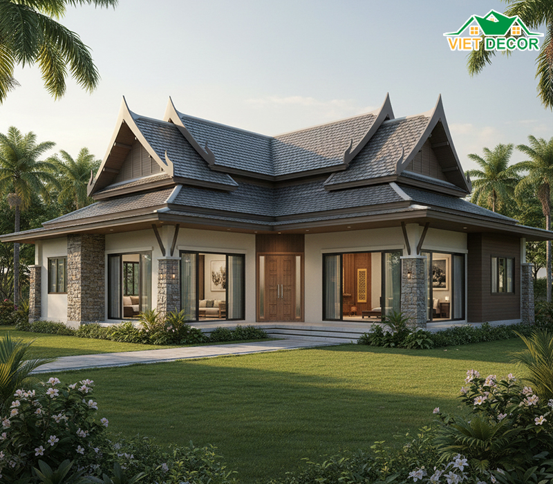Mẫu nhà cấp 4 mái Thái 120m2 3 phòng ngủ 1 thờ sang trọng