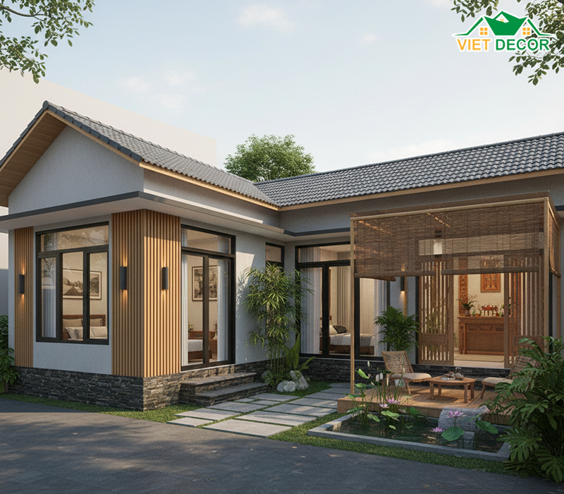 Mẫu nhà cấp 4 hình chữ L 3 phòng ngủ 1 thờ tiện nghi