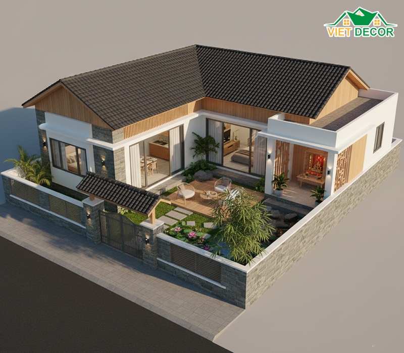 Mẫu nhà cấp 4 hình chữ L 3 phòng ngủ 1 thờ tiện nghi