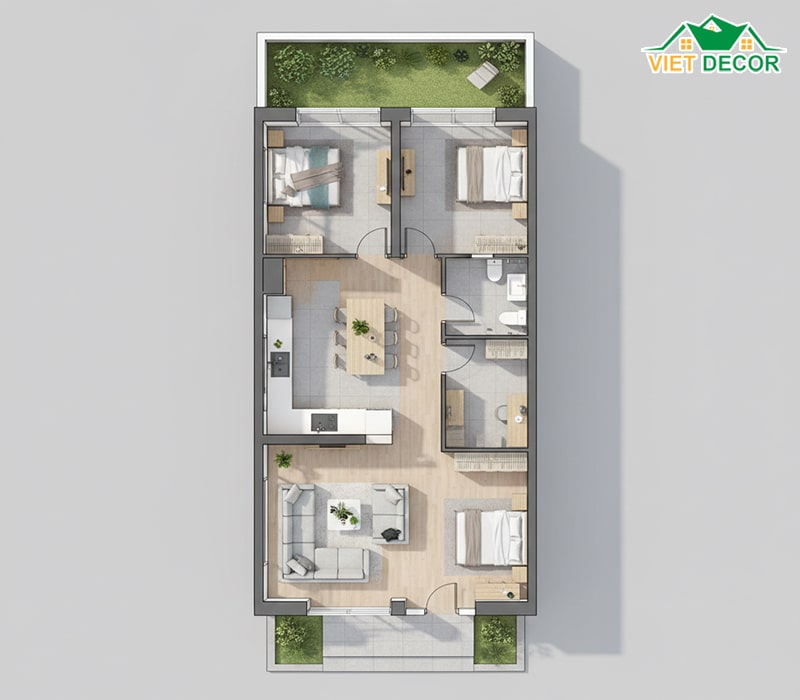 Gợi ý bố trí mặt bằng nhà cấp 4 5x20m (Nhà ống)