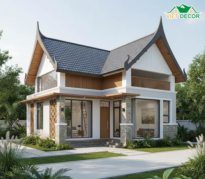 Mẫu nhà cấp 4 gác lửng mái Thái sang trọng